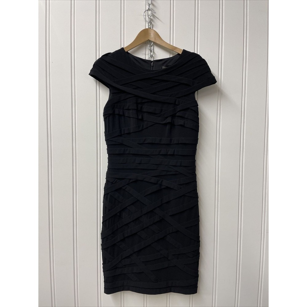 Tadashi Shoji Black Crisscross Sheath Dress Size Medium Cocktail‎ LBD stretchy